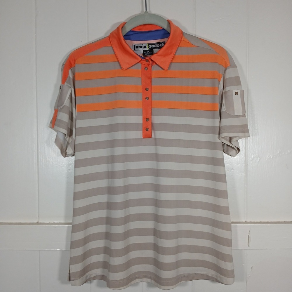 Jamie Sadock Womens Orange Tan Striped Short Sleeve Golf Polo Shirt 91106 Size M
